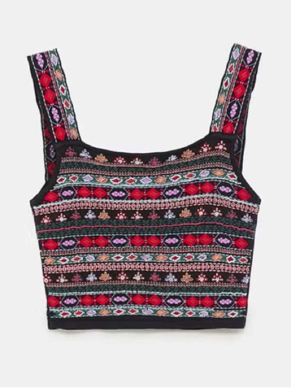 Zara Knit beaded Boho Crop Tank Top - Black with Red & Teal Pattern